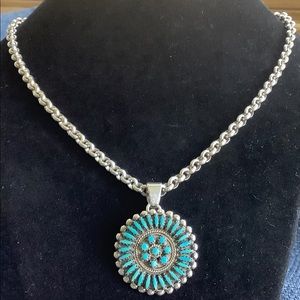 Vint 950 silver Zuni turquoise pendant & necklace